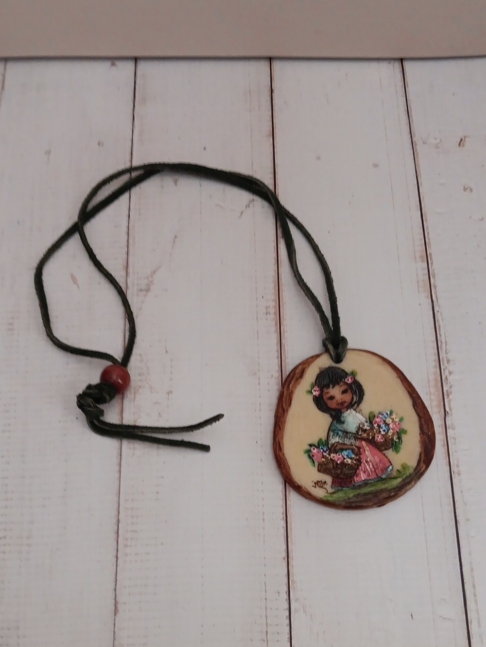 Hand-Painted Girl Pendant Necklace in Cream and Brown